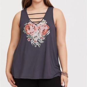 Torrid Super Soft Grey Floral Strappy Tank Top